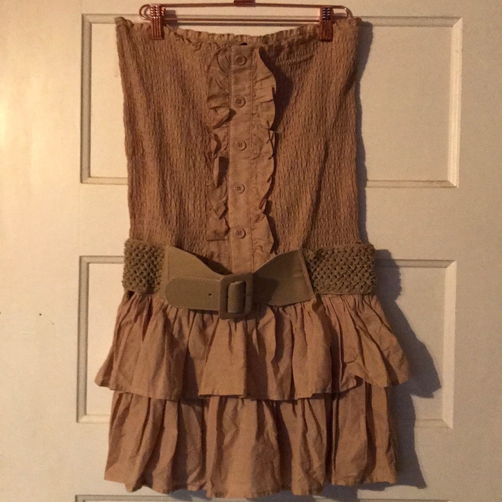 Tan plisse ruffle dress. Size Large